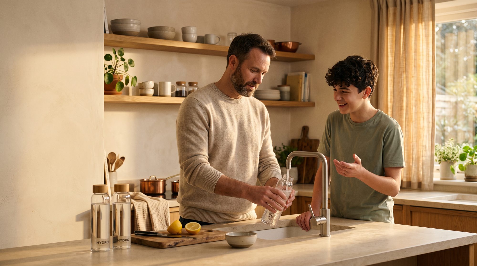 Padre e hijo llenando botellas reutilizables con agua filtrada en la cocina