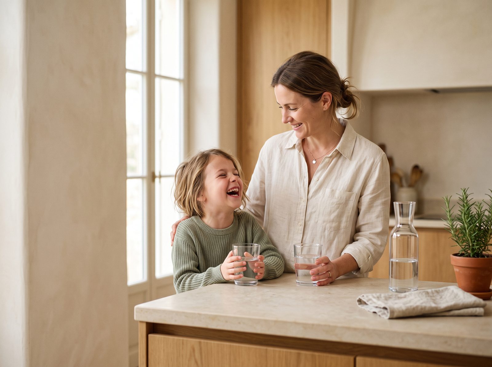 Madre e hija riendo en la cocina mientras beben un vaso de agua filtrada